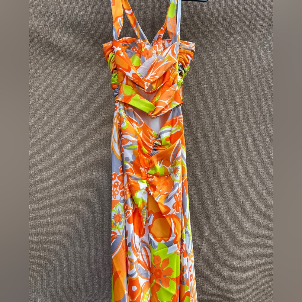 Zum Zum by Niki Livas Prom Formal dress in an orange, lime floral pattern Sz 3/4